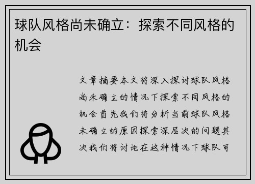 球队风格尚未确立：探索不同风格的机会